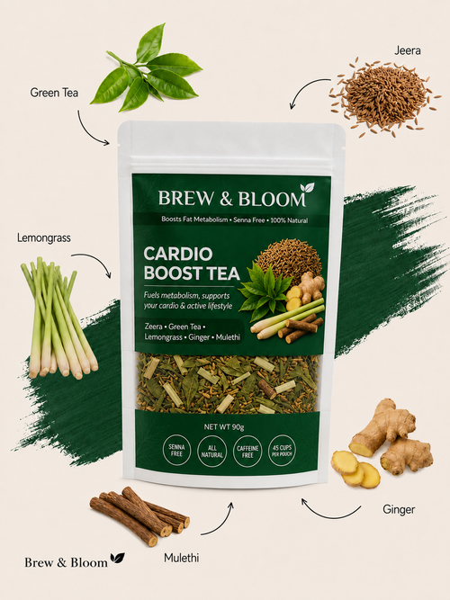 A stand-up pouch of Brew & Bloom Cardio Boost Tea centered on a light beige background, surrounded by ingredient callouts and photos of green tea leaves, jeera seeds, lemongrass, ginger roots, and mulethi pods with arrows pointing to the package. The package label is dark green and white, and the visible brand is Brew & Bloom.