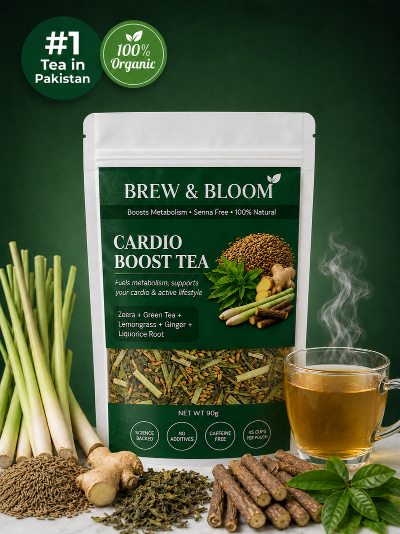 Brew & Bloom Cardio Boost Tea in a white and dark green stand-up pouch, displayed with lemongrass, ginger root, loose tea leaves, cinnamon sticks, and a steaming cup of tea against a dark green background.