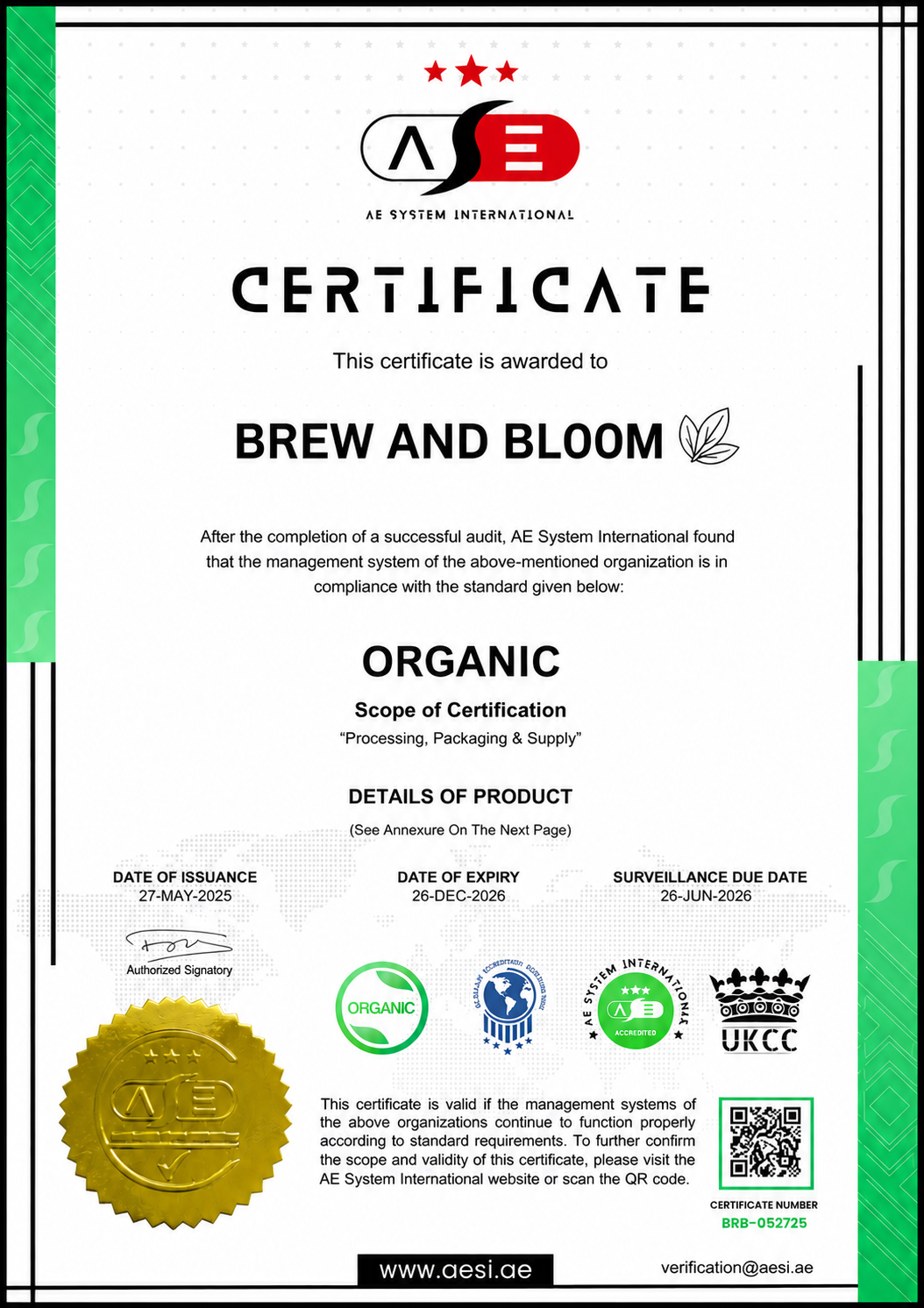 A certificate document for 'Brew and Bloom' showing an organic certification from AE System International. The certificate features a white background with green borders, a gold seal, and multiple certification logos including UKCC and Organic.